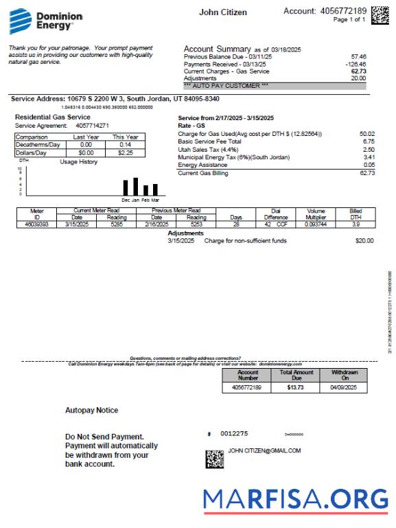Realistic USA Dominion Energy utility bill template in Word and PDF formats, version 3